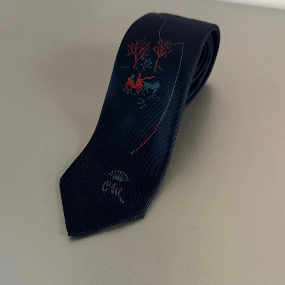 Vintage “Horse and Carriage” Navy Silk Tie with Red Tree and Light Blue Accent